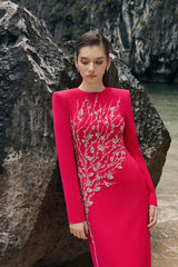 hilary red padded shoulder crystal embellished straight maxi dress