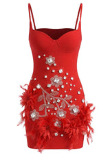 hedy Rhinestone Feather Bandage Strappy mini Dress - red