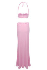 IVY FLOWER TOP RUFFLE TRIM SKIRT SUIT IN PINK