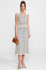 Striped Sleeveless Knit Midi Dress With V-Neck And Gold Buttons - White/Black