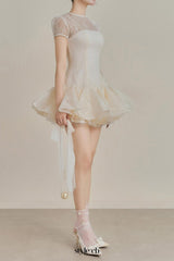 kelly sequin lace puffy mini dress in white