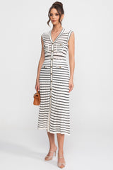 Striped Sleeveless Knit Midi Dress With V-Neck And Gold Buttons - White/Black