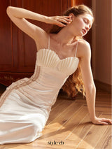 marjorie Shell Pleated Satin Midi Dress in white