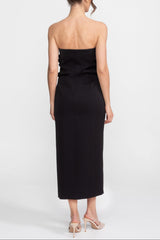 Black Midi Dress With Sculptural Knotted Bodice Detail And Jewel Buttons - Black