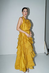 leila Yellow Spaghetti Strap Tiered Ruffle Maxi Dress