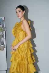 leila Yellow Spaghetti Strap Tiered Ruffle Maxi Dress