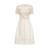 hermosa 3d floral embroidered hollow midi dress in apricot