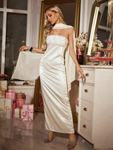 jessica Cape Flower Sequin Satin Maxi Dress in ivory