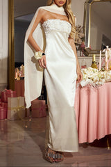 jessica Cape Flower Sequin Satin Maxi Dress in ivory
