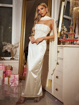 jessica Cape Flower Sequin Satin Maxi Dress in ivory