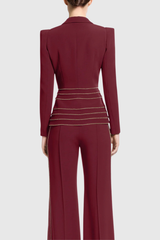 sandy Trim Embellished Blazer & Pants Set - Wine