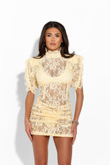 Pale Yellow Floral Lace Puff Sleeve Ruched Bodycon Mini Dress
