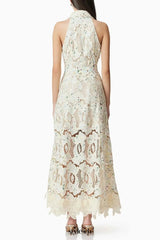 lisa v-neck Floral embroidery hollow Maxi Dress in beige