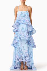sandy Tiered Maxi Dress In Baby Blue Floral