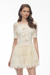 vivien square neck bow Lace Mini Dress - White