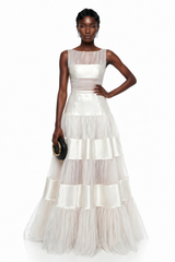 sabrina White Mesh Panel Maxi Dress with Satin Stripes