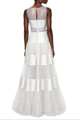 sabrina White Mesh Panel Maxi Dress with Satin Stripes