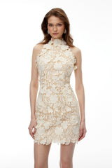 irene Neutral High Neck Lace embroidery Mini Dress
