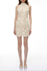irene Neutral High Neck Lace embroidery Mini Dress