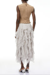 janice Khaki Asymmetrical Ruffled Maxi Dress