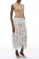 janice Khaki Asymmetrical Ruffled Maxi Dress