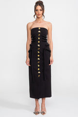 Black Midi Dress With Sculptural Knotted Bodice Detail And Jewel Buttons - Black