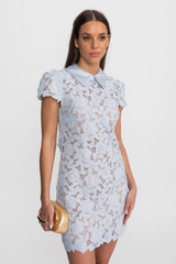 sylvia Light Blue Floral Lace hollow Mini Dress with Satin Collar