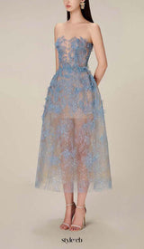 BLUE FLORAL LACE EMBROIDER MIDI DRESS
