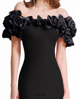 suzanne off-shoulder 3d flower bodycon maxi dress - black