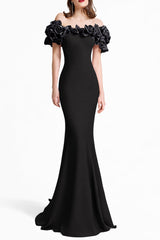suzanne off-shoulder 3d flower bodycon maxi dress - black