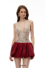 judy Red Halterneck Embellished Bubble Mini Dress