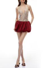 judy Red Halterneck Embellished Bubble Mini Dress