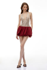 judy Red Halterneck Embellished Bubble Mini Dress