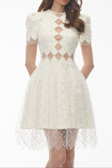 Henrietta Ivory Sequin Mini Dress with Mesh Panels