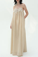 Iris-patterned halter maxi dress in khaki