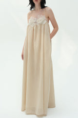 Iris-patterned halter maxi dress in khaki