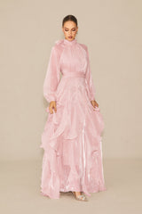 pandora Puff Sleeve Ruffle Trim Maxi Dress in pink