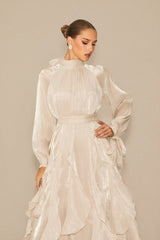 pandora Puff Sleeve Ruffle Trim Maxi Dress in apricot
