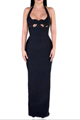 lara cutout backless Halter bandage maxi dress in black