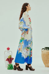 lynn Single-breasted long lantern sleeves with graffiti print maxi dress