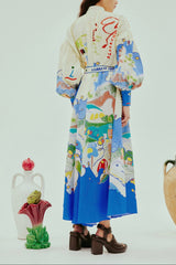 lynn Single-breasted long lantern sleeves with graffiti print maxi dress