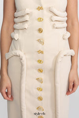 Strapless Midi Dress With Sculptural Knotted Bodice Detail And Jewel Buttons - Cream