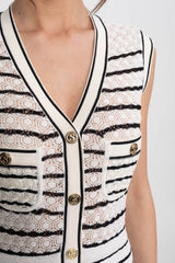 Striped Sleeveless Knit Midi Dress With V-Neck And Gold Buttons - White/Black