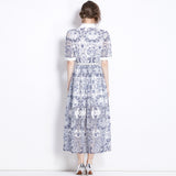 V NECK SPLICED BELTS EMBROIDERY MIDI DRESS IN BLUE