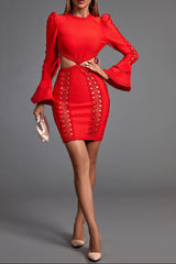 sandra red Long Sleeve Cut Out Lace Mini Dress