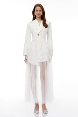 Illyria White Blazer Maxi Dress with Ruffled Tulle