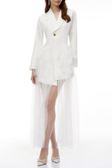 Illyria White Blazer Maxi Dress with Ruffled Tulle