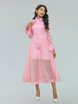 vicky flower embellished lace midi dress in pink