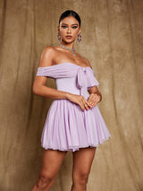 YVETTE PALE PURPLE OFF SHOULDER MESH MINI DRESS