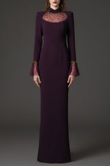 ophelia rhinestone Embroidered burgundy crêpe dress with bell sleeves